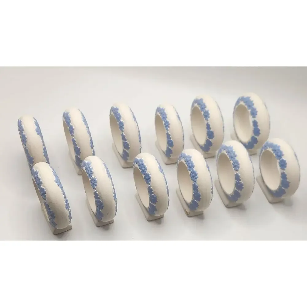 Vintage Ceramic Floral Napkin Rings Set of 12 Ivory & Blue Raised Daisy Design